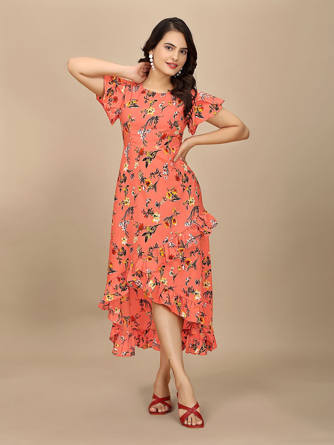 

BAESD Women Floral Print Puff Sleeve Crepe Fit and Flare Dress, Peach