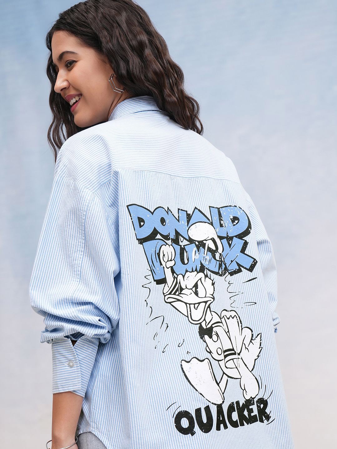 

Tokyo Talkies Disney Women Donald Duck Striped Oversized Shirt, White