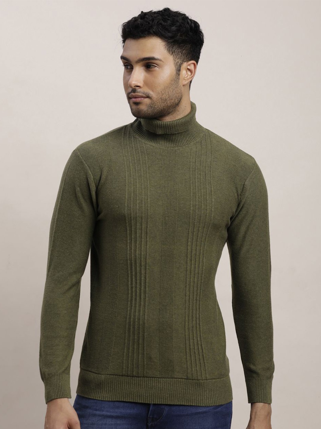 

Turtle Men Cotton Cable Knit Striped Turtle Neck Pullover, Olive