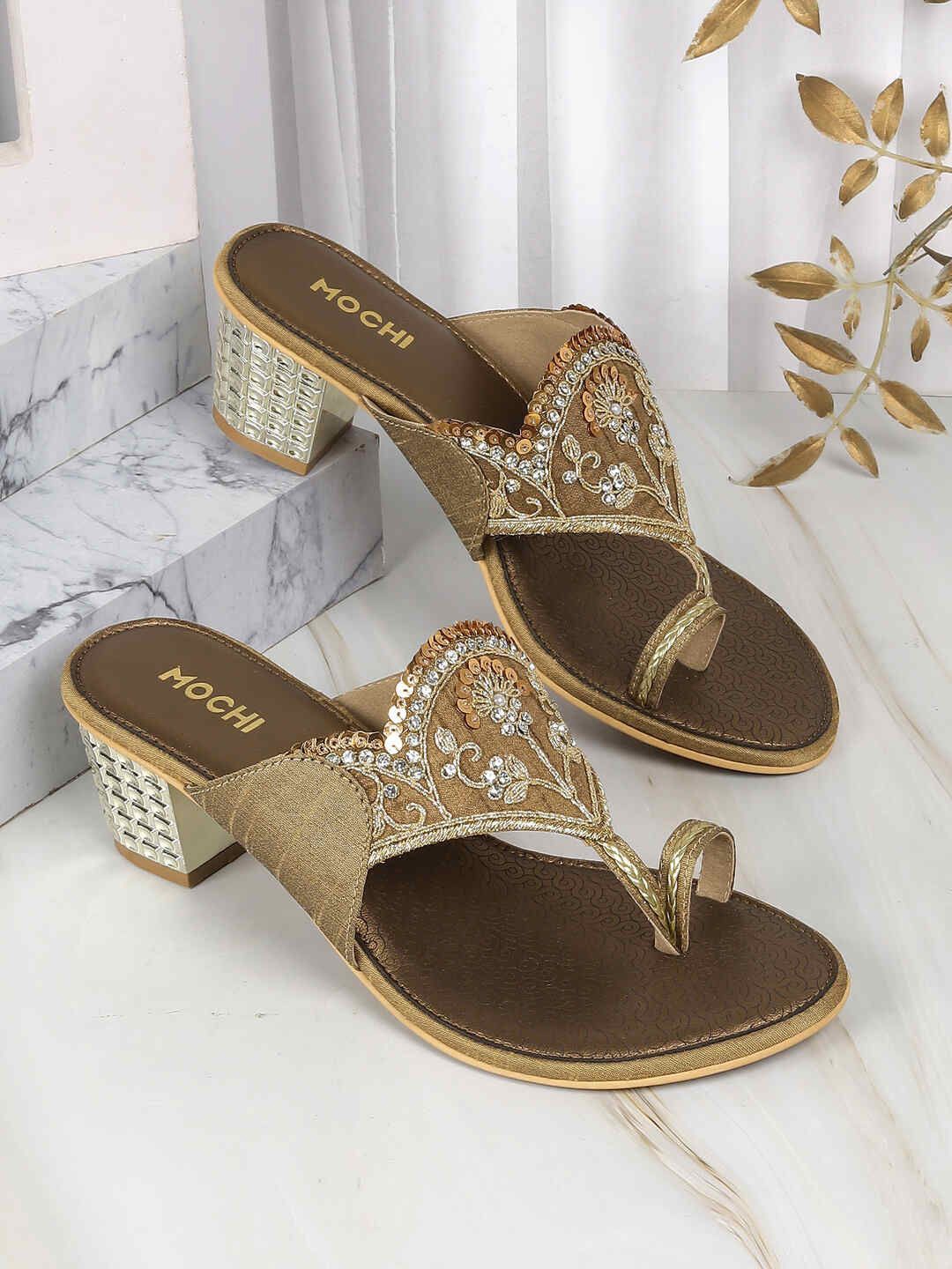 Mochi Women's Colourblocked Block Sandals, Gold