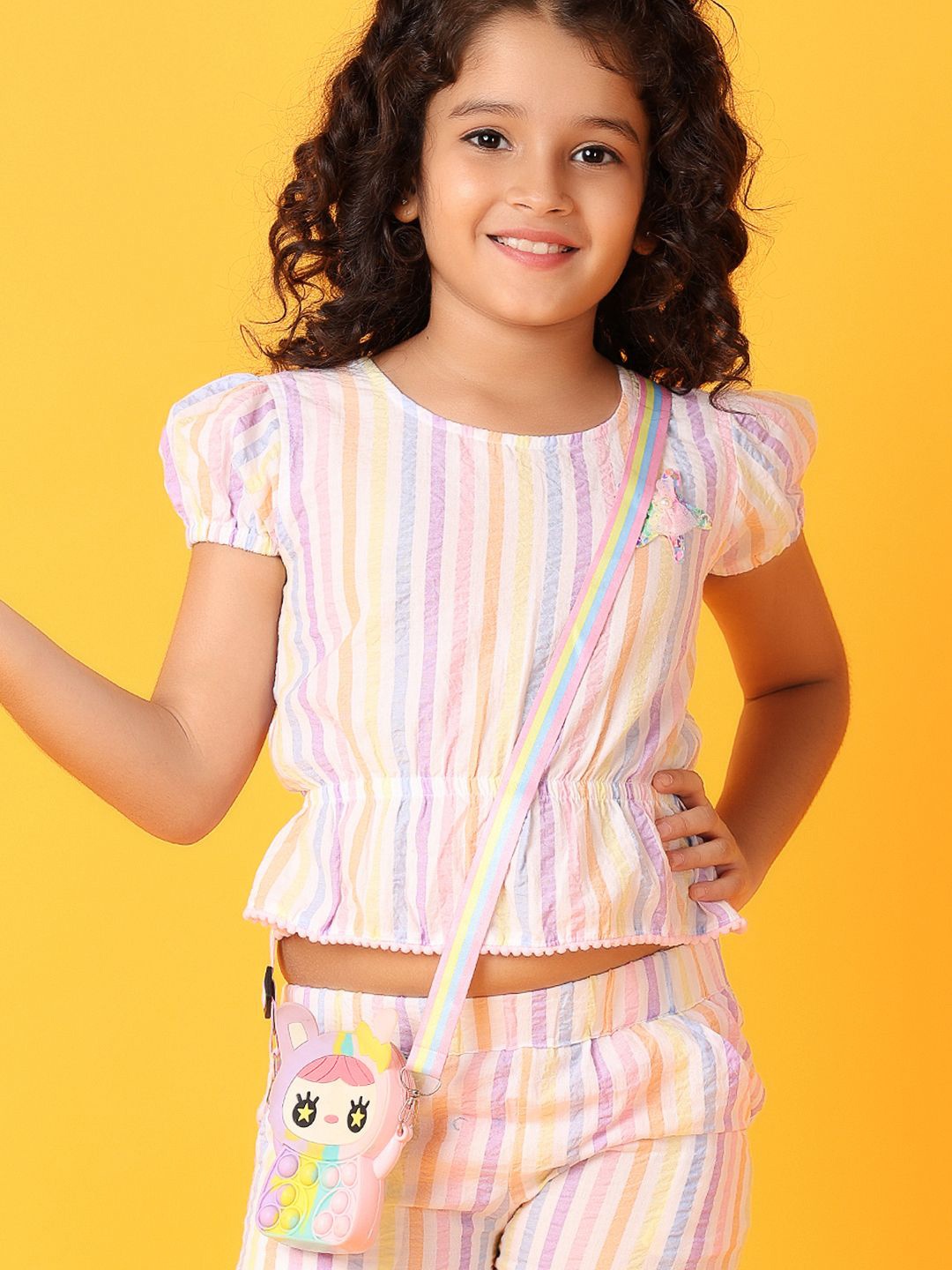 

V-Mart Girls Striped Pure Cotton Top With Short, White