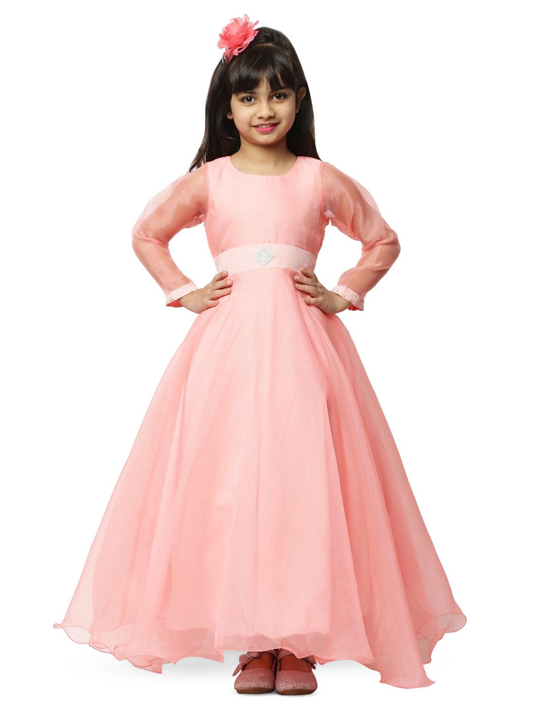 

Wish little Girls Self Design Belted Gown Maxi Dress, Pink