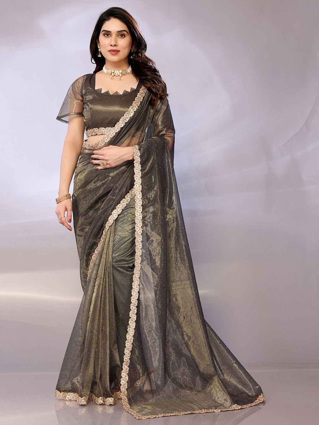 

FABMORA Embellished Sequinned Net Saree, Olive