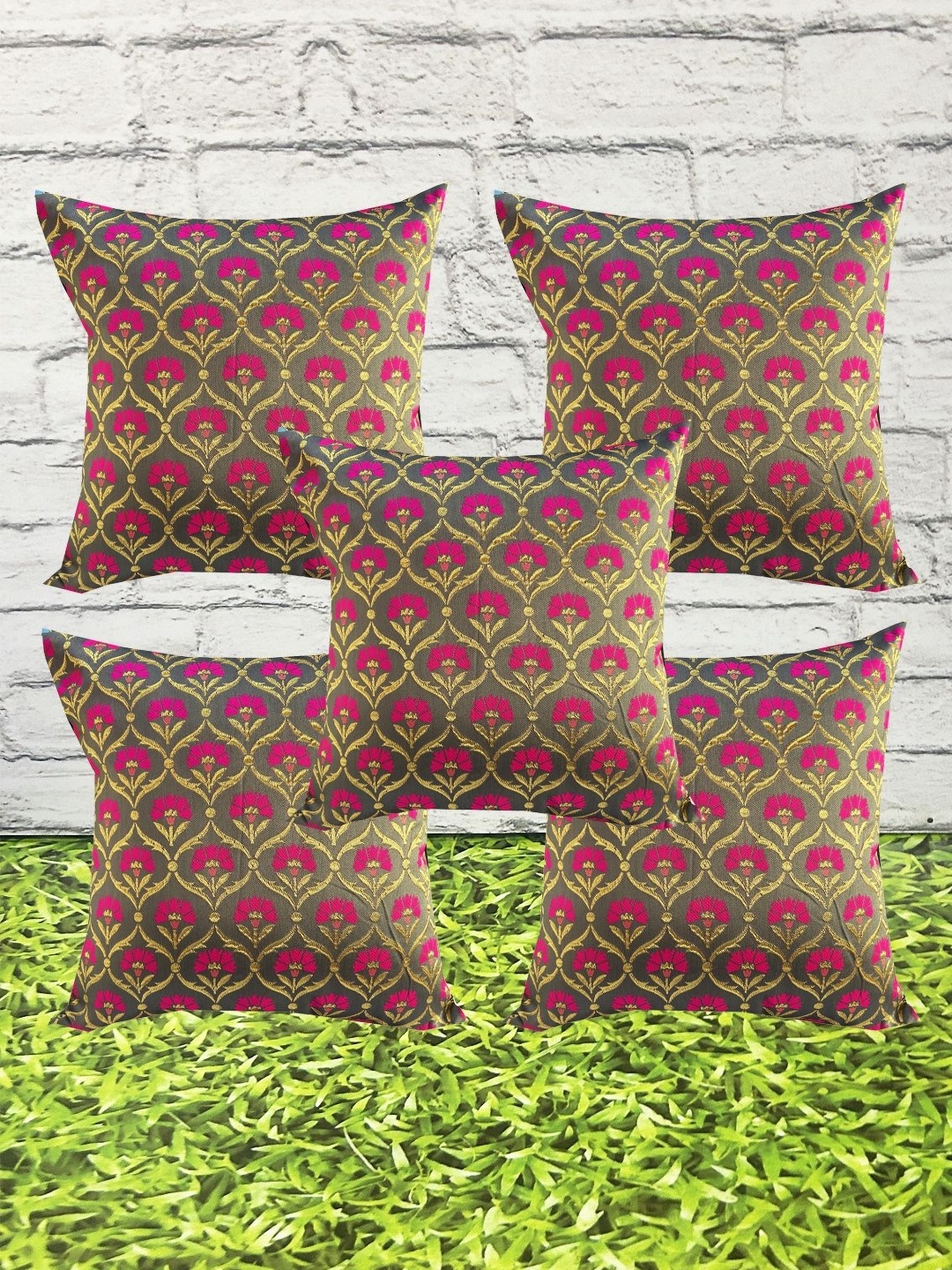 

Pink Parrot Grey & Gold-Toned 5 Pieces Ethnic Motifs Square Jacquard Cushion Cover