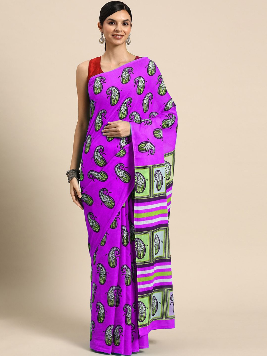 

BUTA BUTI Paisley Printed Pure Cotton Saree, Purple