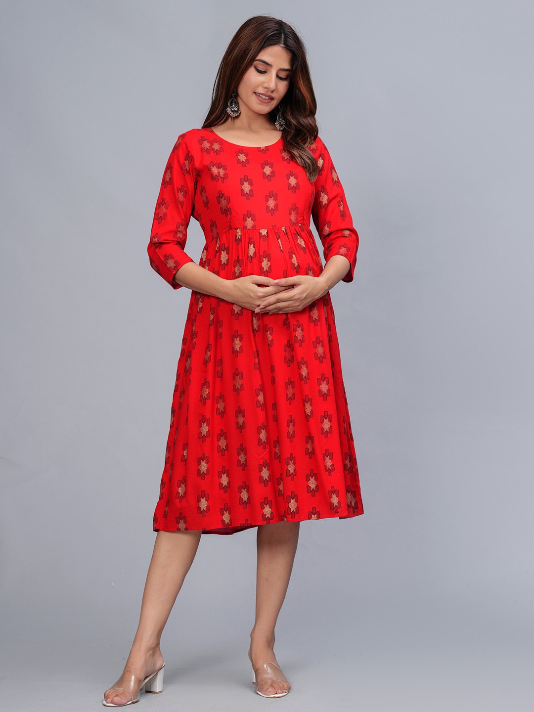 

BAESD Women Round Neck Ethnic Motifs Printed Maternity Fit & Flare Dress, Red