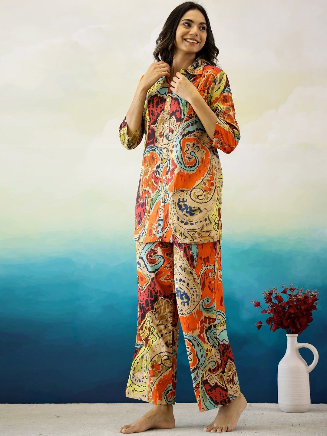 

AUTUMN LANE Ethnic Motifs Printed Pure Cotton Tunic & Trousers, Orange