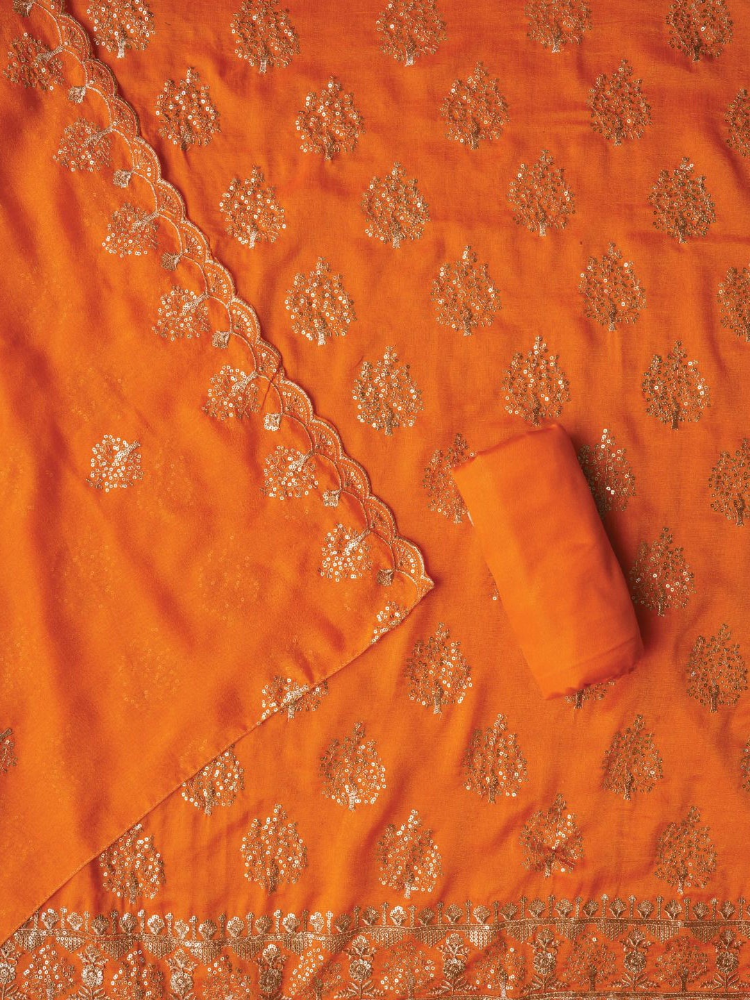

Jaipur Kurti Sequin Work Cotton Blend Dress Material with Dupatta, Orange