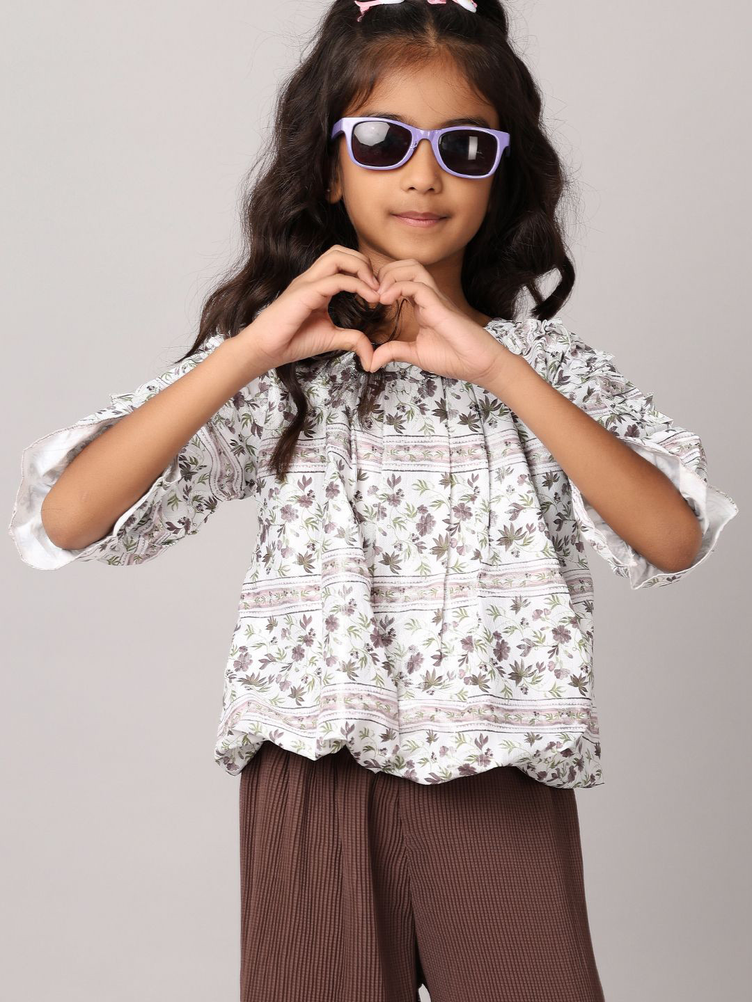 

V-Mart Girls Floral Pure Cotton Printed Top with Trousers, Brown