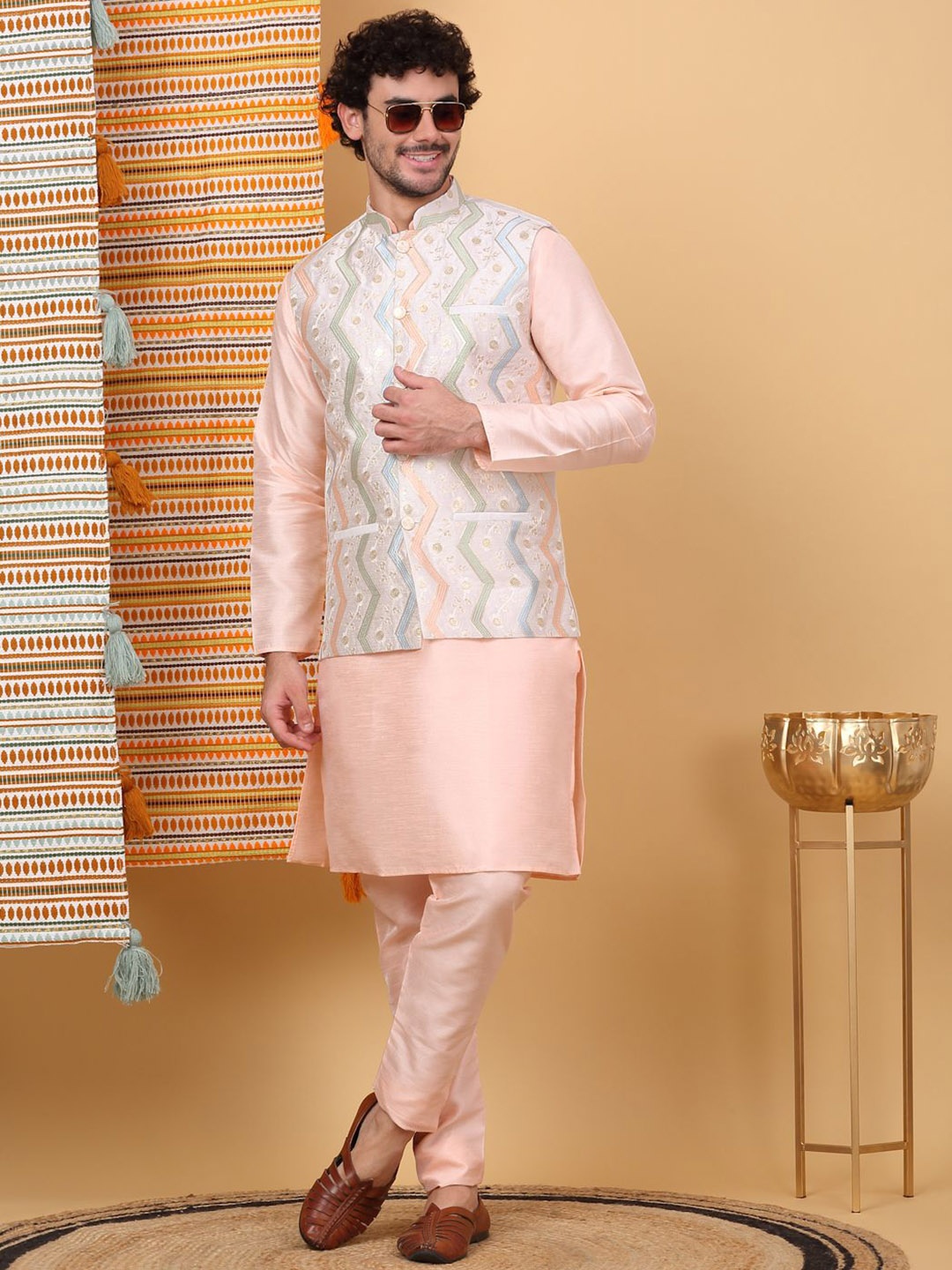 

KRAFT INDIA LUXE Mandarin Collar Straight Kurta with Churidar & Embroidered Nehru Jacket, Peach