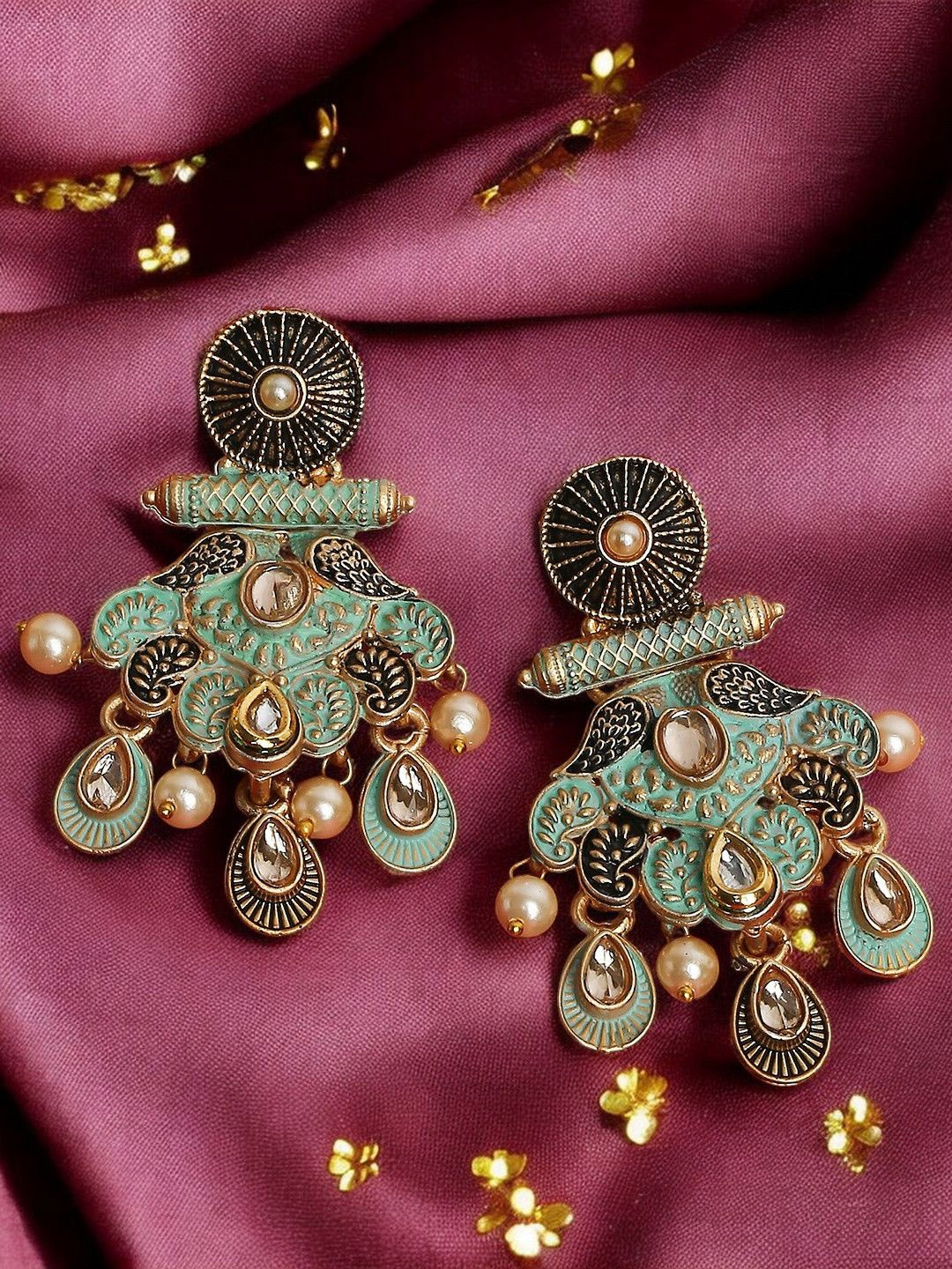 

OOMPH Contemporary Kundan Meenakari Drop Earrings, Gold