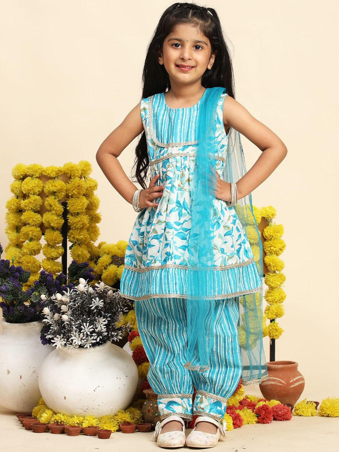 

Cutiekins Girls Floral Printed Gotta Patti Pure Cotton Kurta with Salwar & Dupatta, Blue