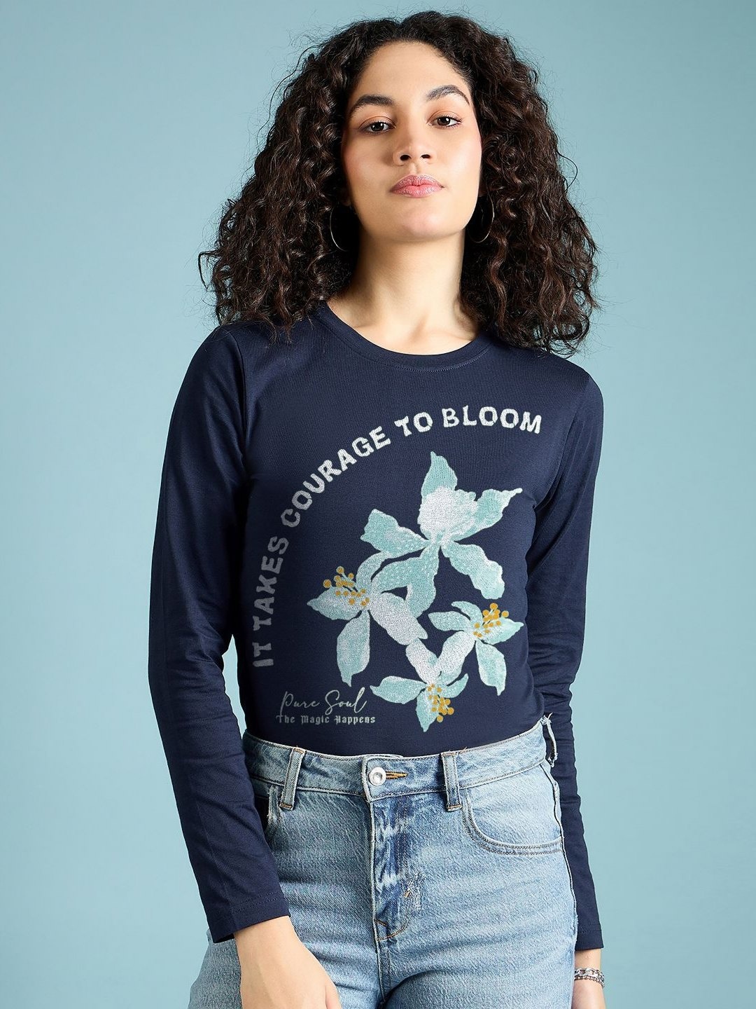 

DressBerry Women Graphic Printed Round Neck Cotton T-shirt, Navy blue