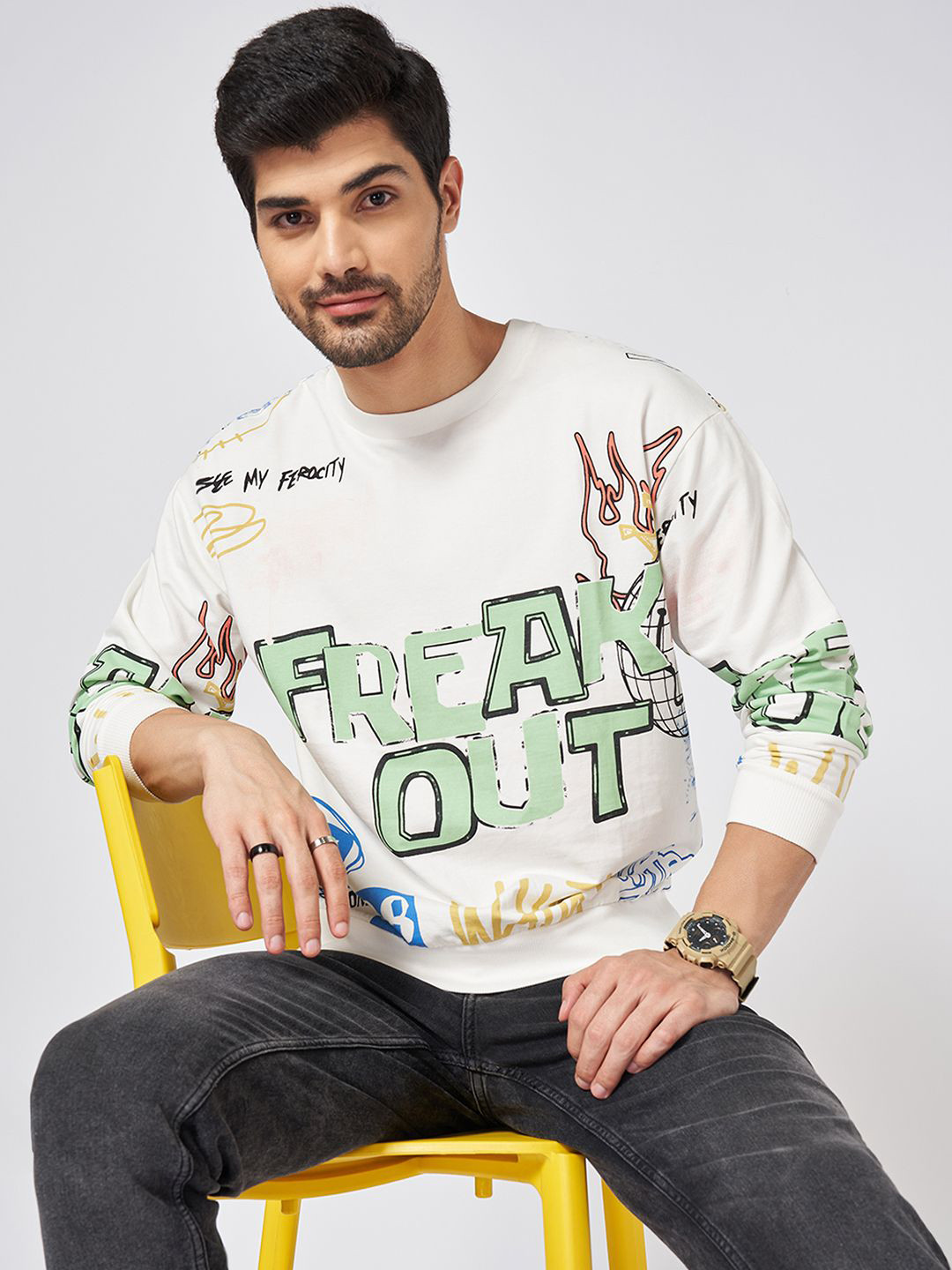 

People Men Typography Printed Round Neck Cotton Pullover Sweatshirt, White