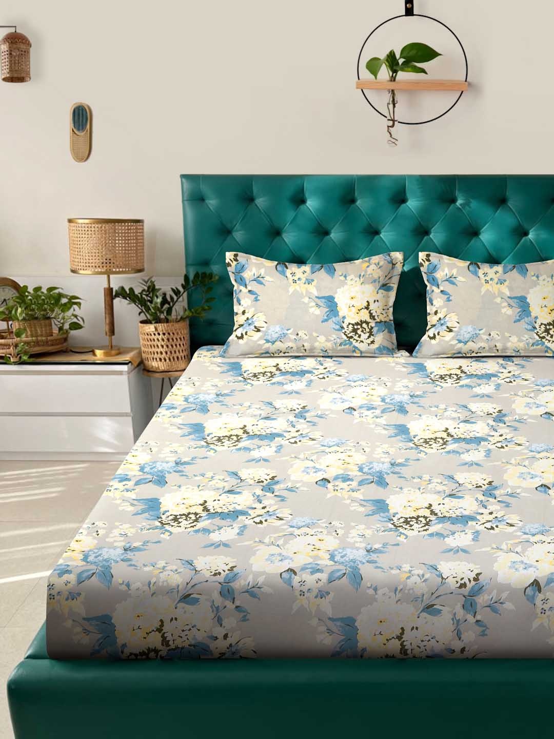 

ROSARA HOME Beige & Blue Floral Pure Cotton 144 TC King Bedsheet with 2 Pillow Covers