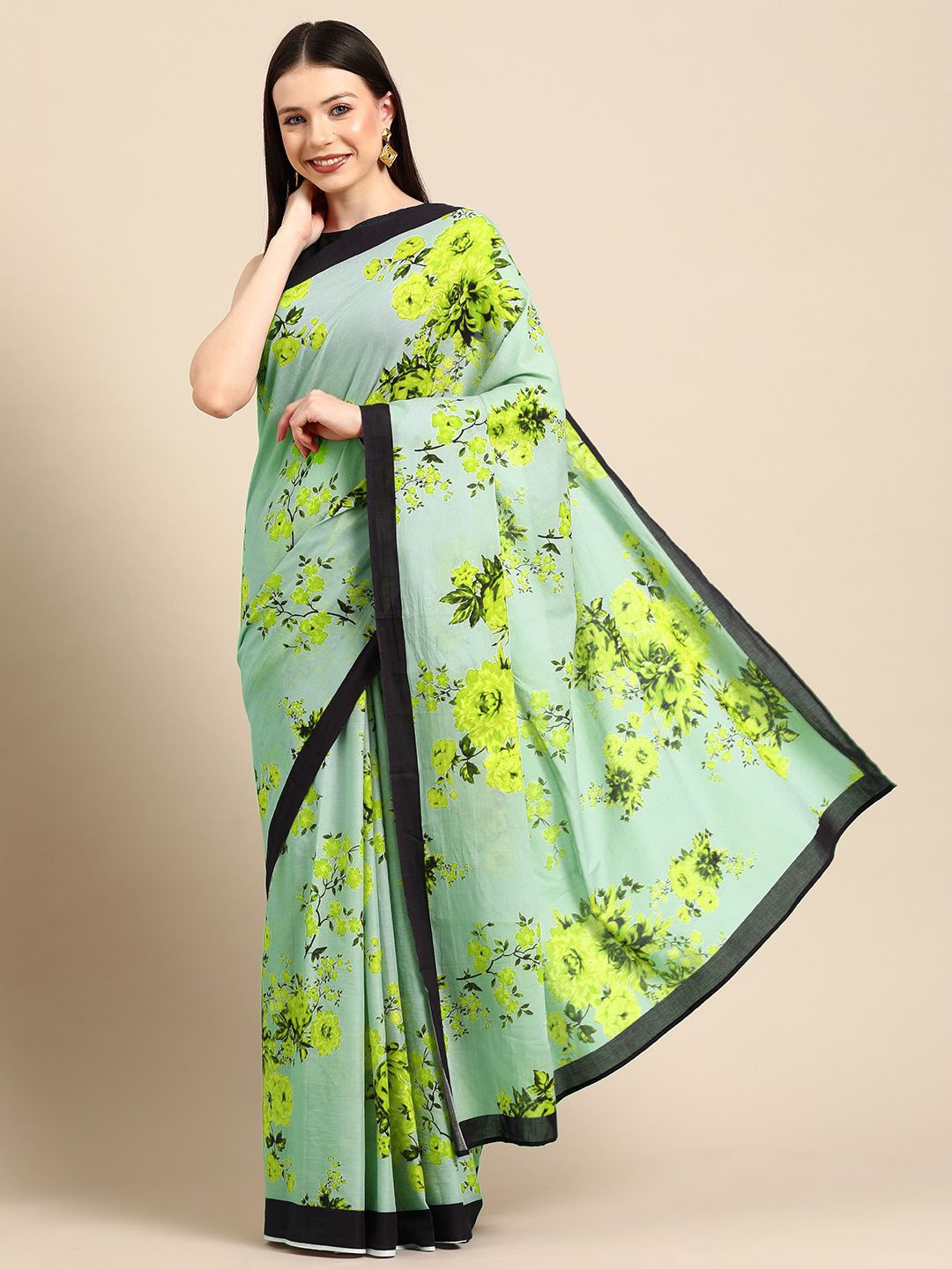 

BUTA BUTI Floral Pure Cotton Saree, Green