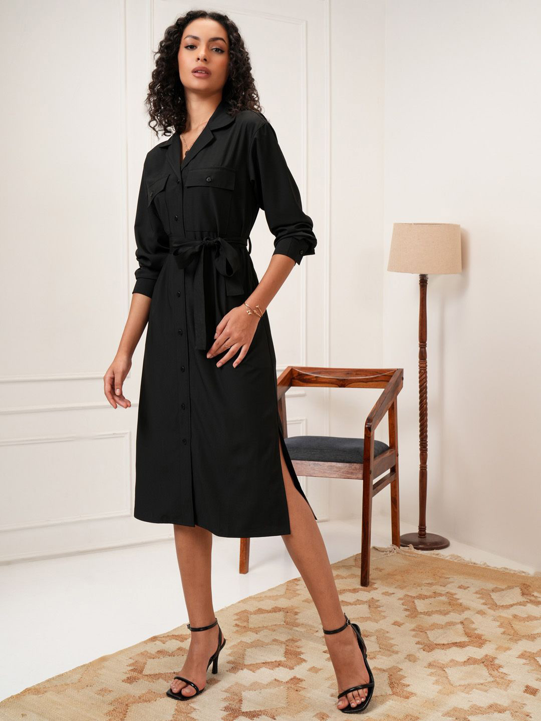 

ESPYR By Tokyo Talkies Women Solid Shirt Midi Dress, Black