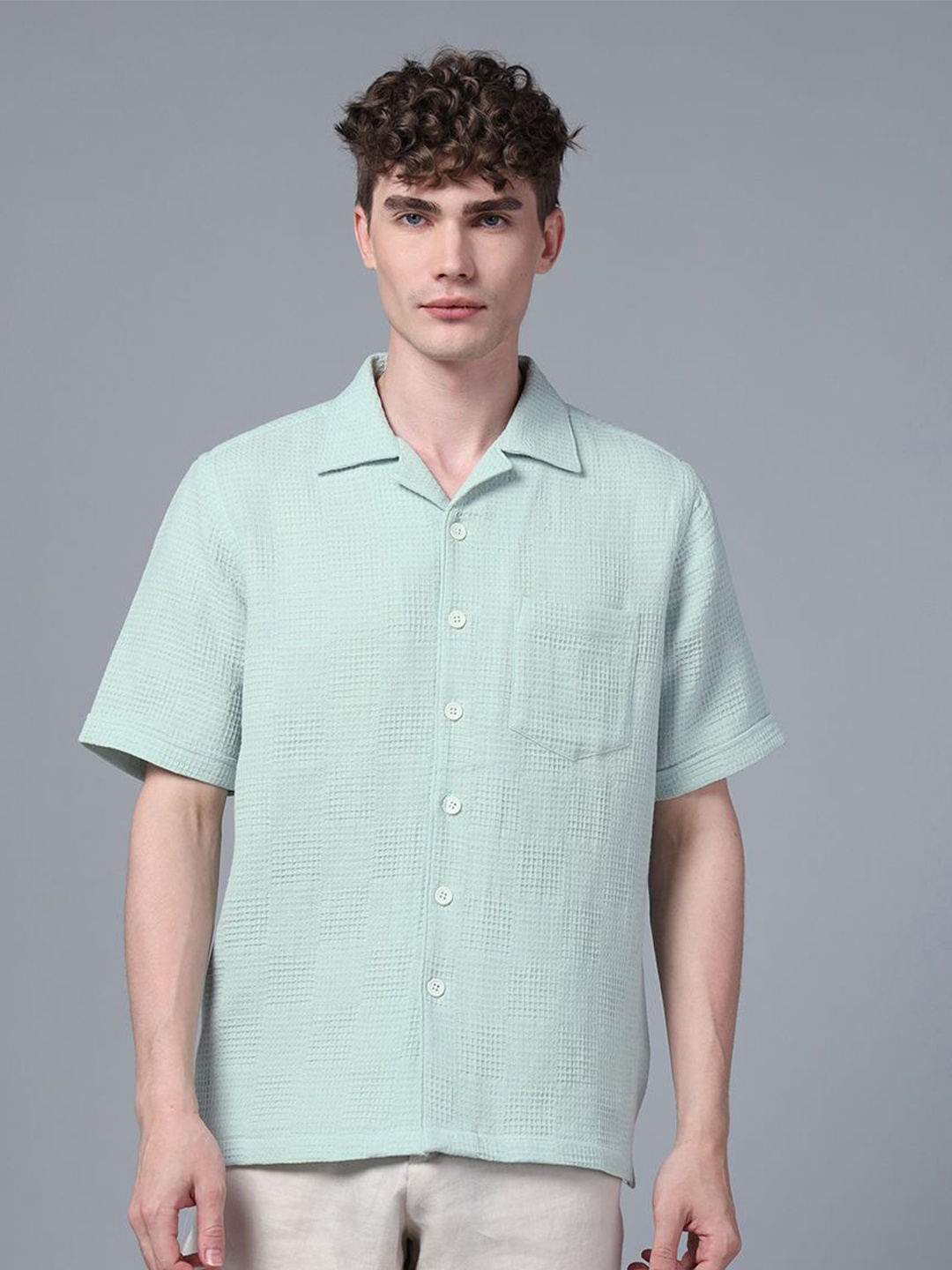 

DON VINO Men Comfort Cuban Collar Textured Cotton Slim Fit Casual Shirt, Green