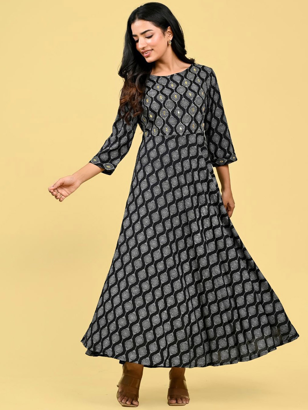 

GORDHAN Ethnic Motifs Printed Mirror Work Anarkali Kurta, Black