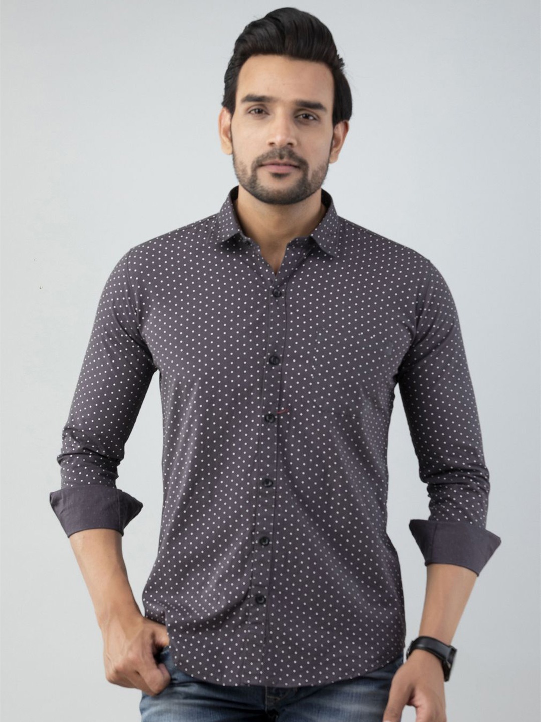 

Vcom Men Classic Spread Collar Polka Dots Printed Cotton Slim Fit Casual Shirt, Grey