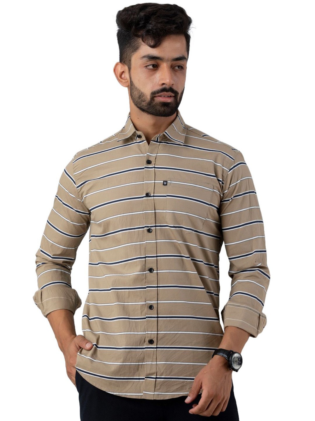 

Vcom Men Classic Spread Collar Horizontal Striped Cotton Slim Fit Casual Shirt, Khaki
