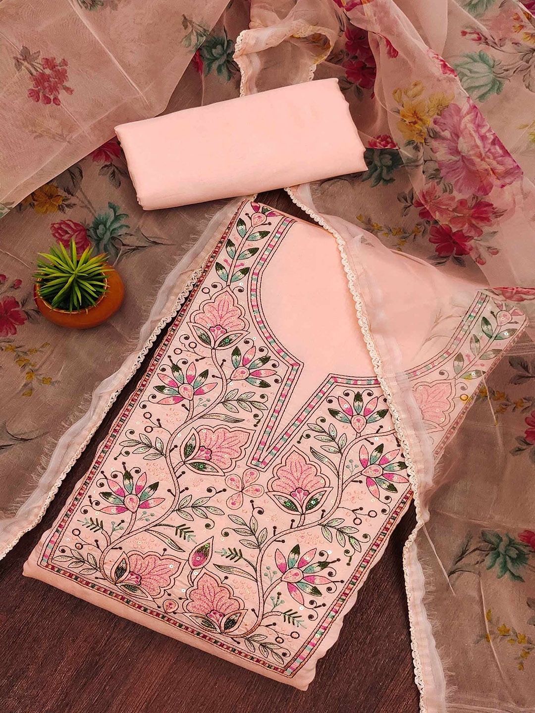 

Peachmode Floral Embroidered Sequinned Unstitched Dress Material, Peach