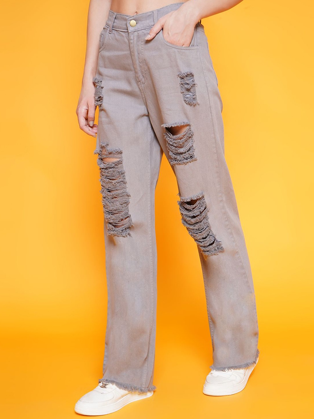 

KATLINE Women Straight Fit Mildly Distressed Jeans, Grey