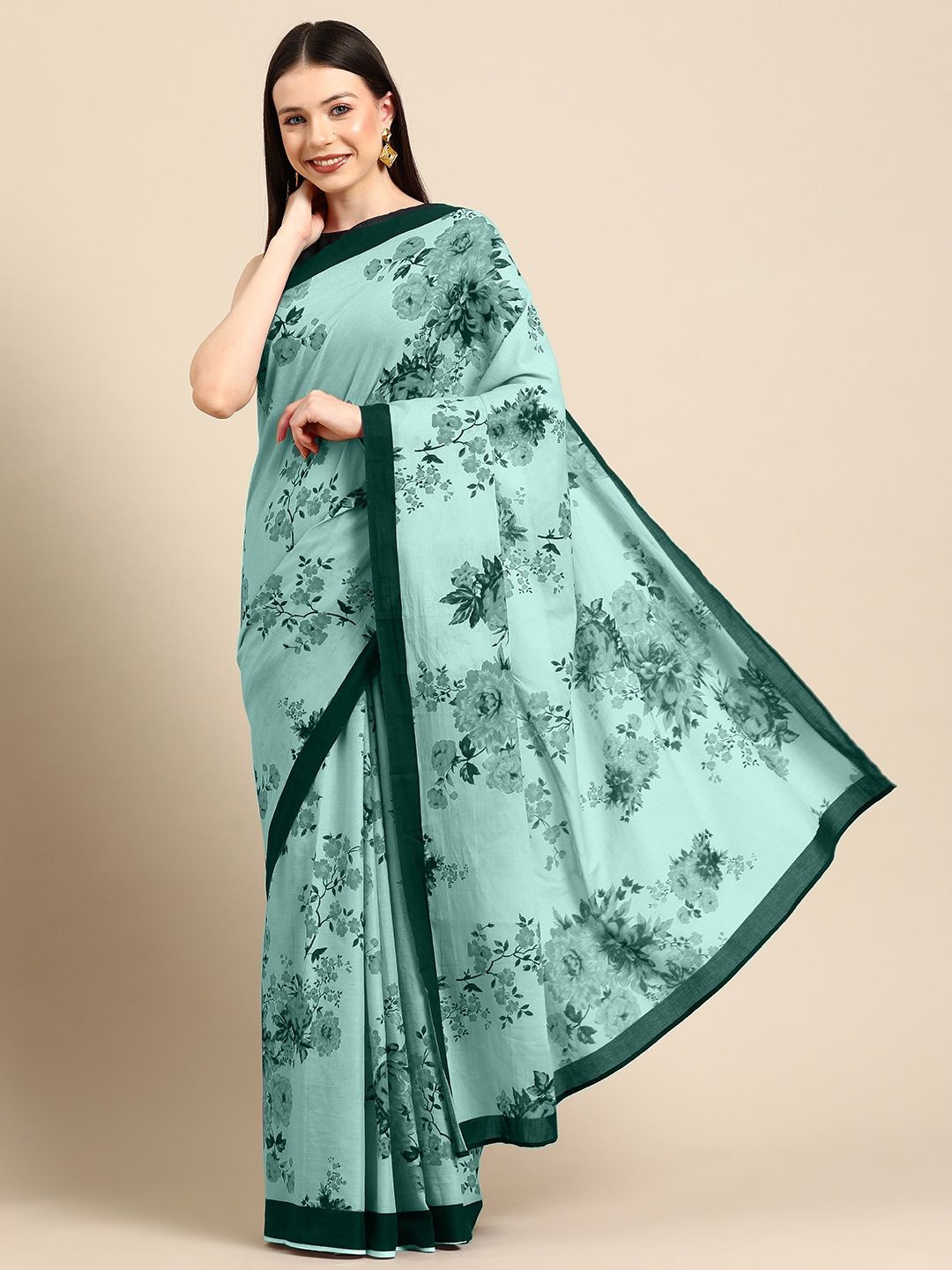 

BUTA BUTI Floral Pure Cotton Saree, Sea green