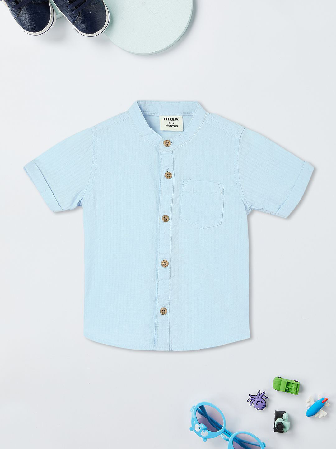 

max Boys Band Collar Solid Cotton Casual Shirt, Blue