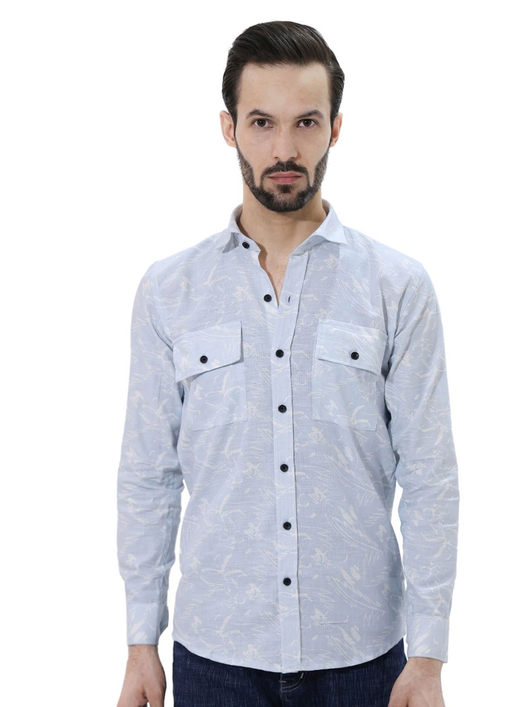 

BOTABOCHI Men Classic Spread Collar Abstract Printed Cotton Slim Fit Casual Shirt, Blue