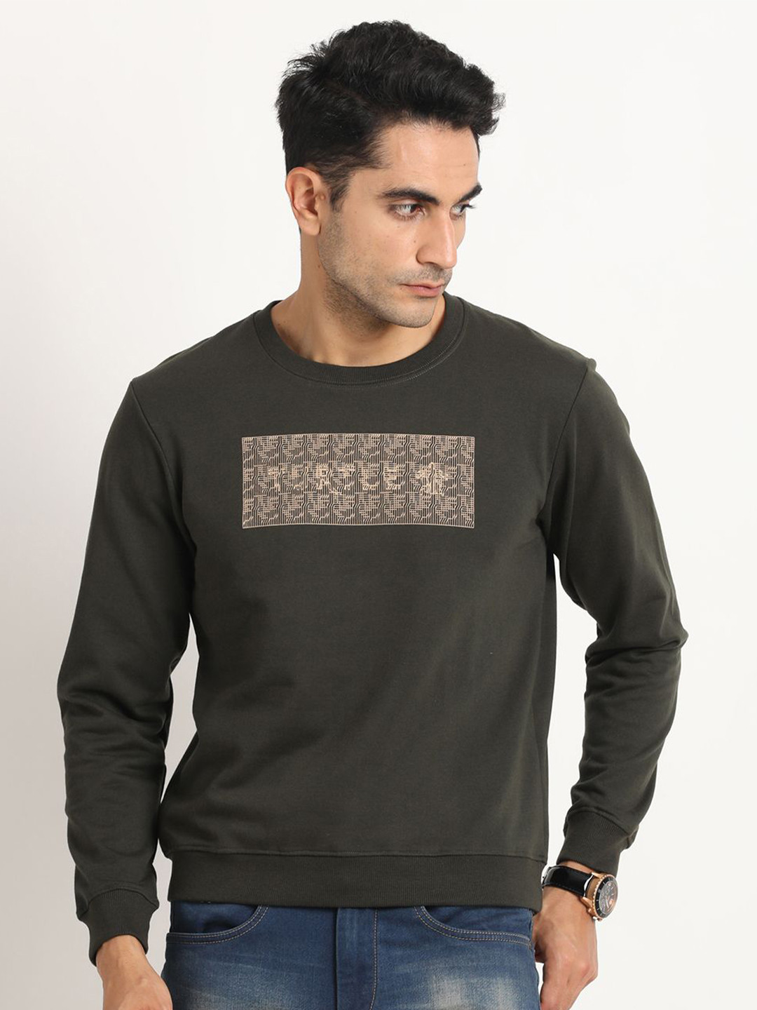 

Turtle Men Graphic Printed Round Neck Cotton Pullover Sweatshirt, Olive