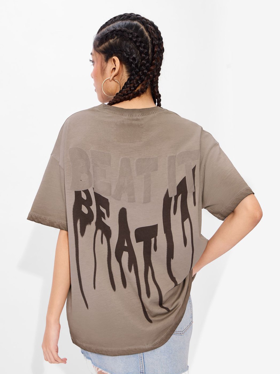 

The Souled Store Women Graphic Printed Round Neck Cotton Oversized T-shirt, Grey