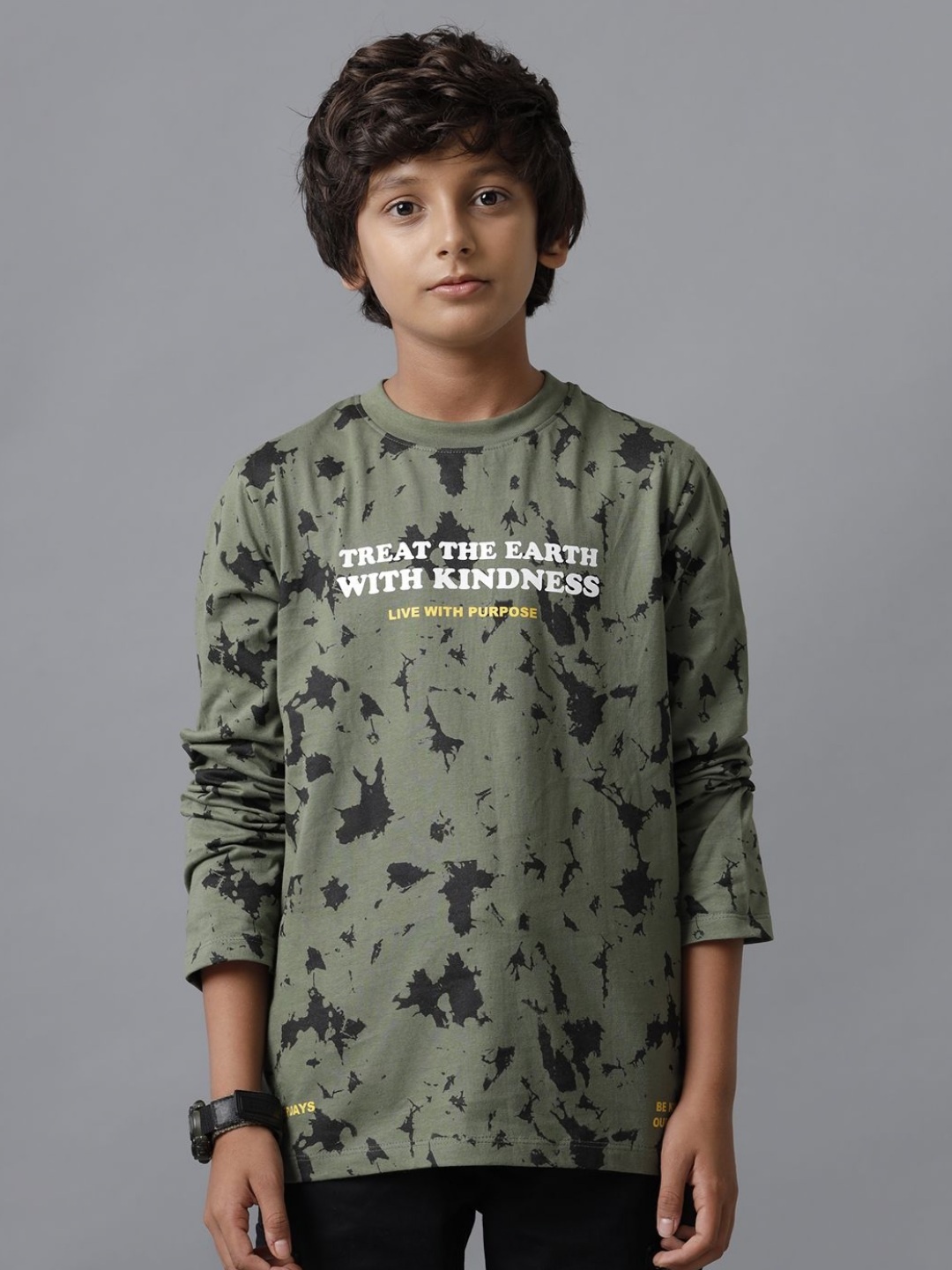 

UNDER FOURTEEN ONLY Boys Abstract Printed Round Neck Cotton T-shirt, Green