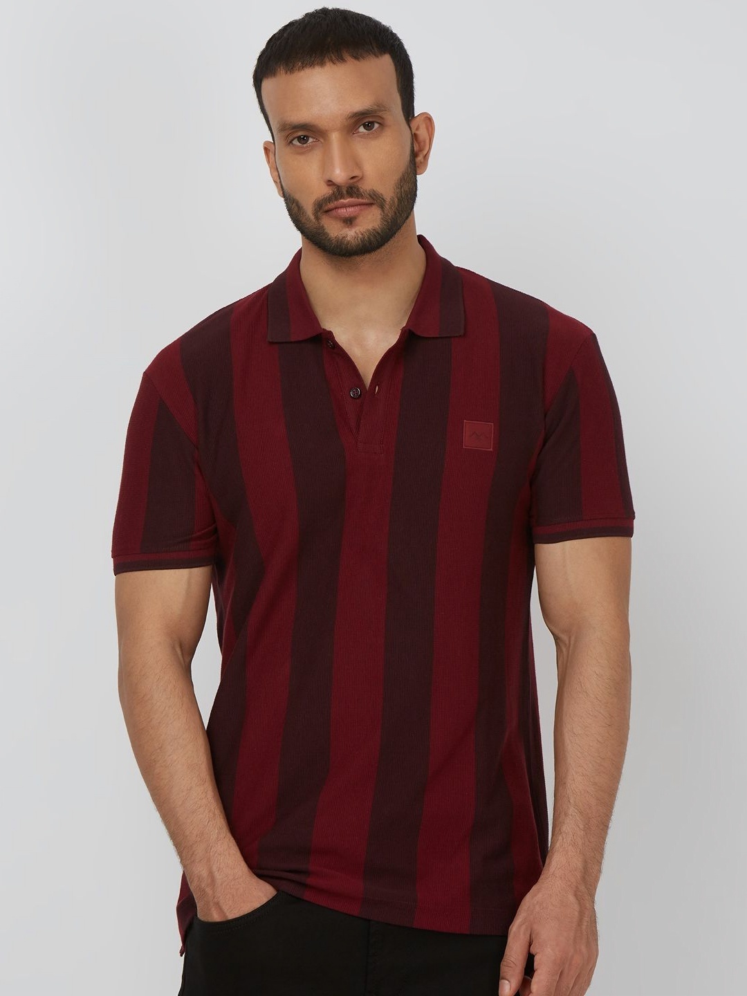 

Mufti Men Striped Polo Collar Cotton Slim Fit T-shirt, Maroon