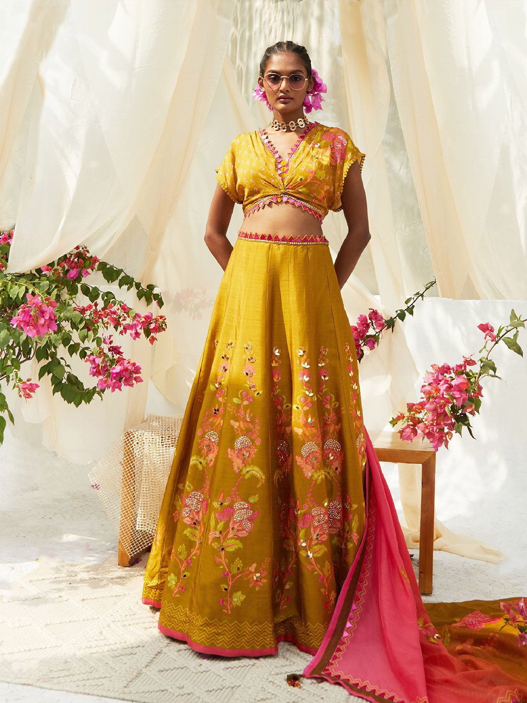 

Basil leaf Floral Embroidered Made to Measure Lehenga & Blouse With Dupatta, Mustard