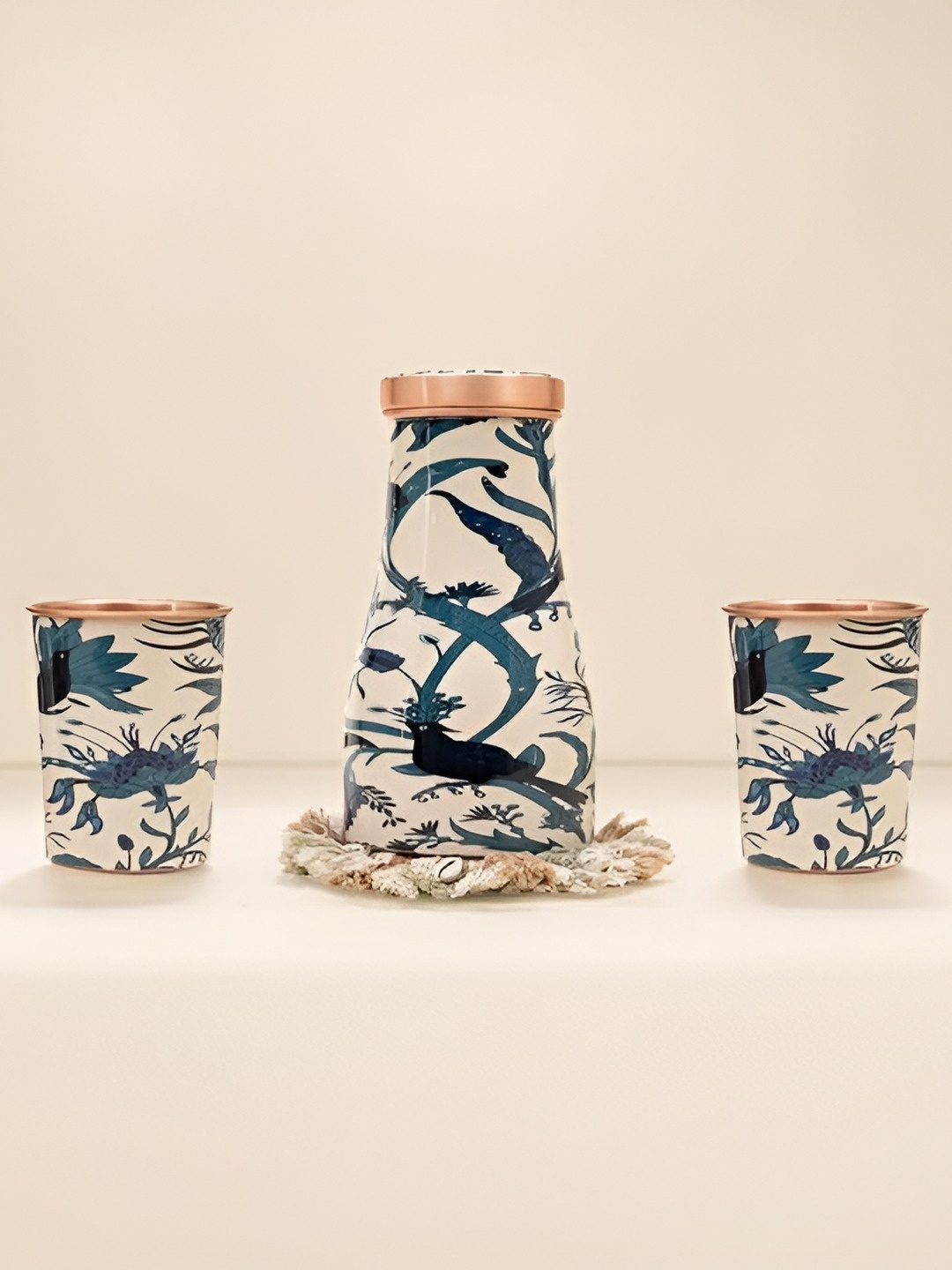 

veda essentials. Copper-Toned & Blue 3 Pieces Copper Printed Water Bottle with 2 Glasses