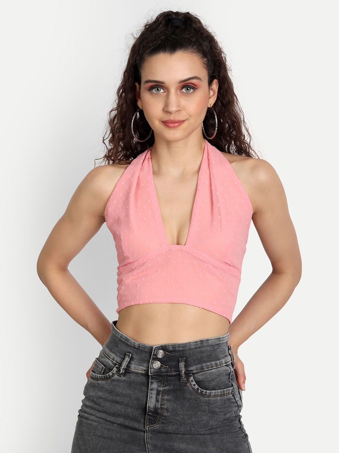 

ESSQUE Women Solid Halter Neck Top, Pink
