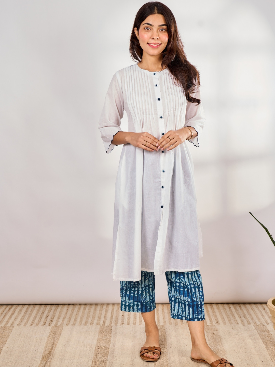

Minimul Round Neck Pure Cotton A-Line Kurta With Trousers, White