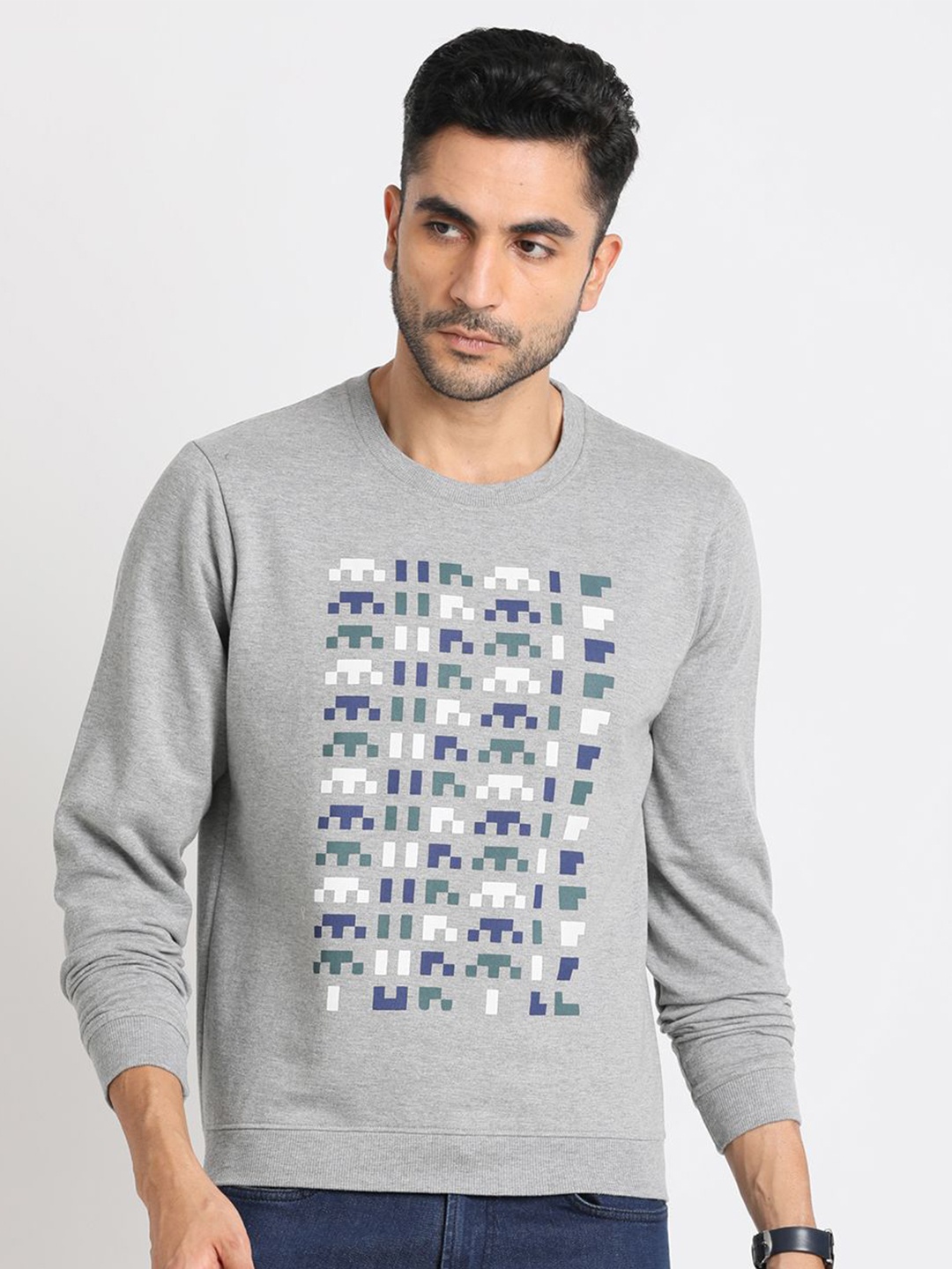 

Turtle Men Abstract Printed Round Neck Cotton Pullover Sweatshirt, Grey