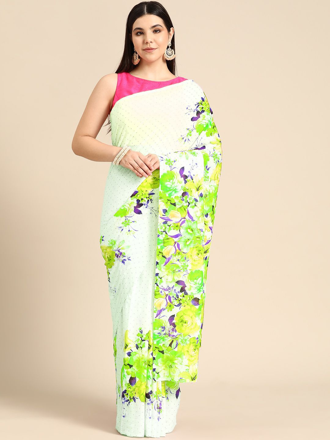 

BUTA BUTI Floral Pure Cotton Saree, Lime green