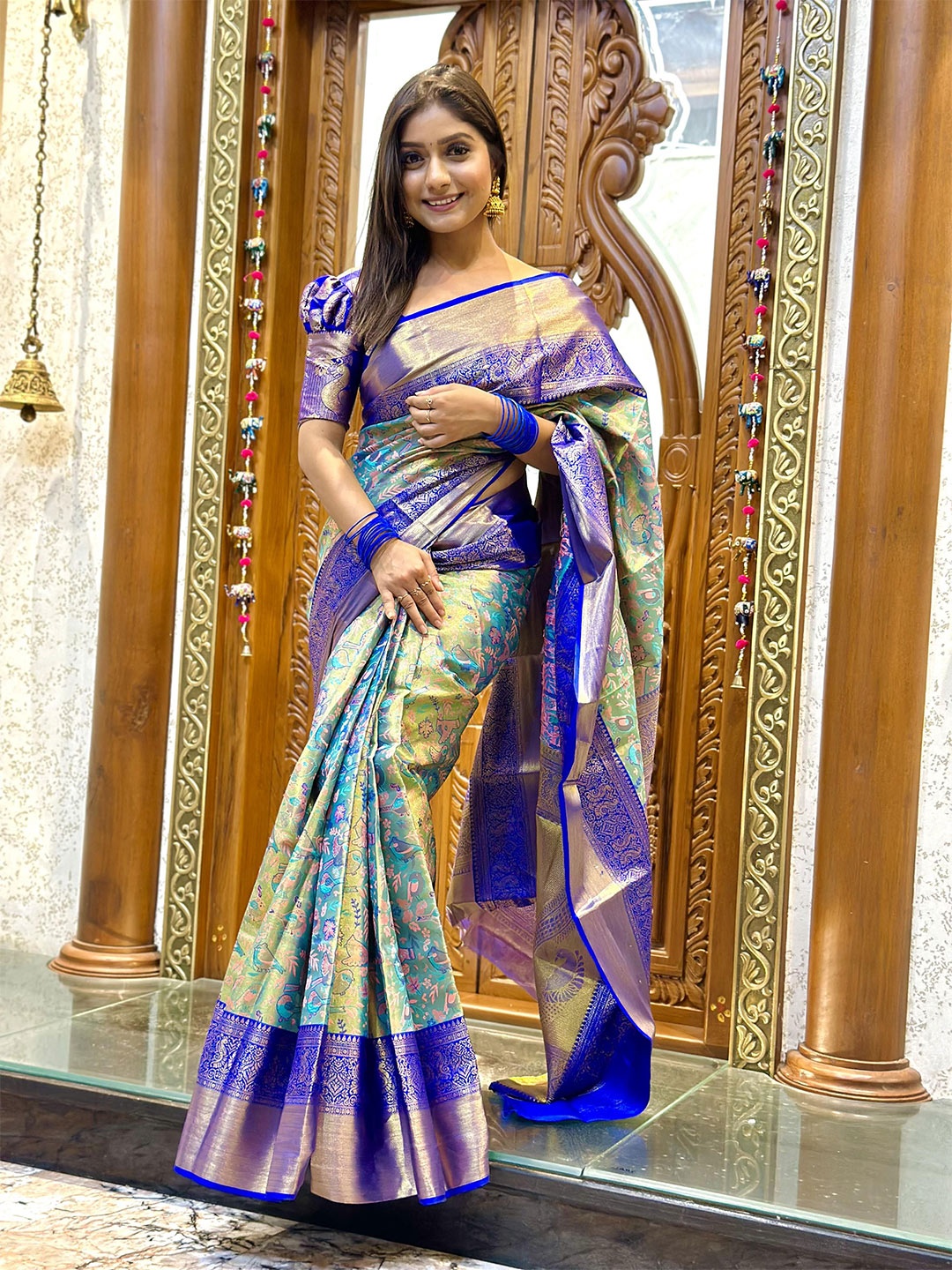 

DrapeMall Ethnic Motifs Zari Kanjeevaram Saree, Blue