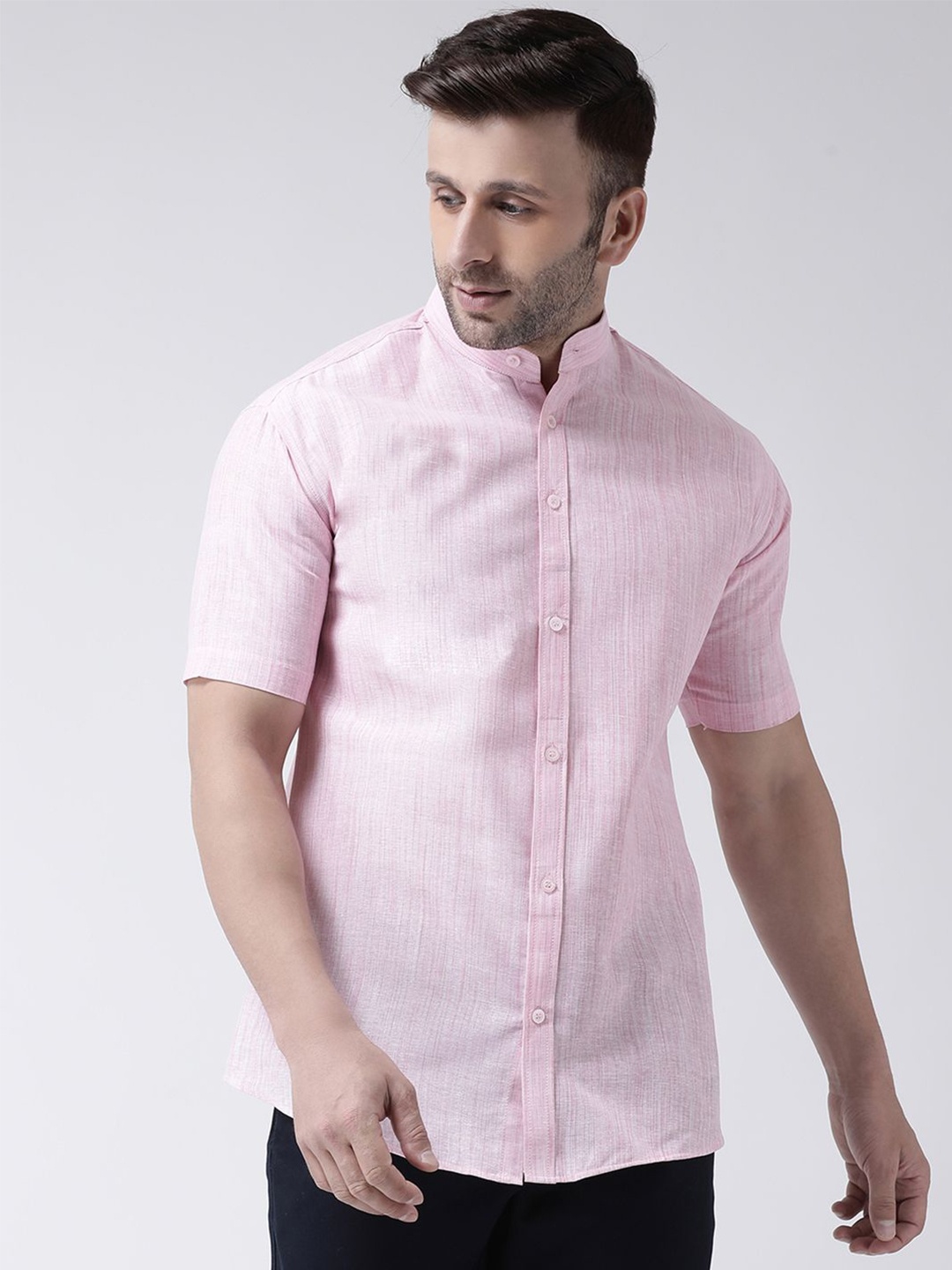 

KLOSET BY RIAG Men Classic Band Collar Textured Cotton Casual Shirt, Pink