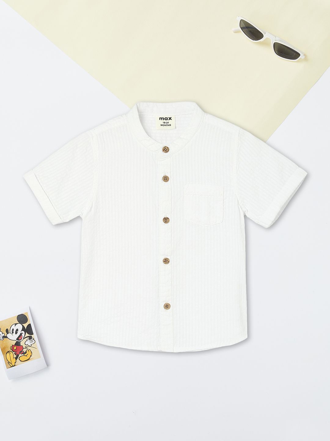 

max Boys Band Collar Solid Cotton Casual Shirt, White