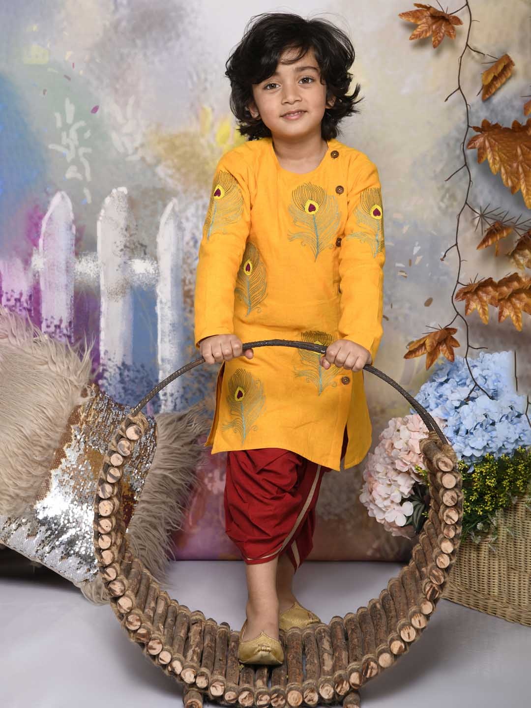 

MUDKID Pure Cotton Kurta with Dhoti Pants, Yellow
