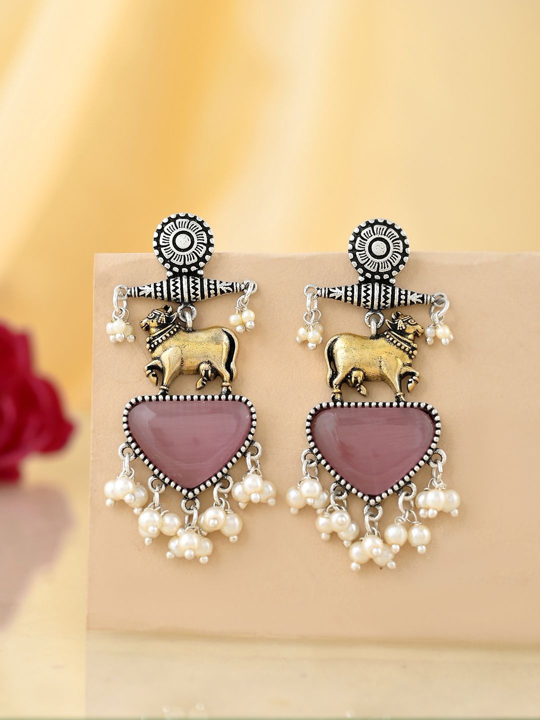 

Voylla Qasbah Gaumata Silver-Plated Beaded Animal Shaped Drop Earrings