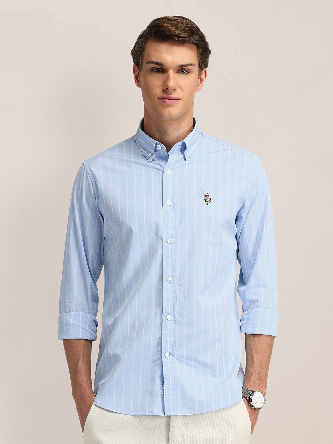 

U.S. Polo Assn. Men Classic Button-Down Collar Vertical Striped Cotton Casual Shirt, Blue