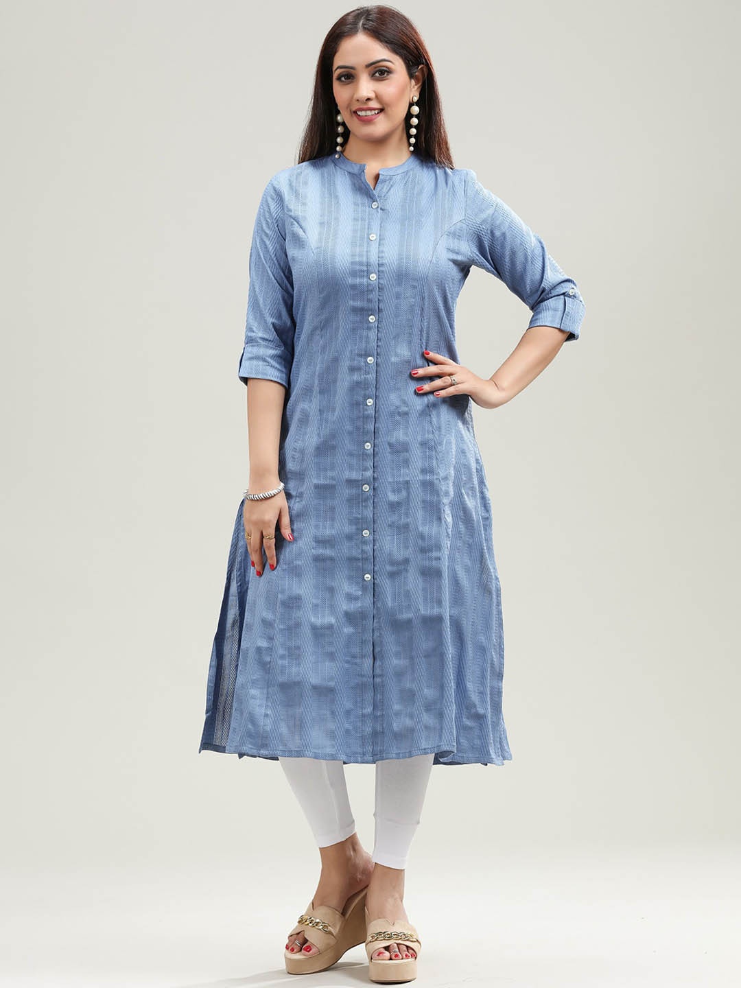 

COTTON CULTURE Striped Printed Mandarin Collar Cotton A-Line Kurta, Blue