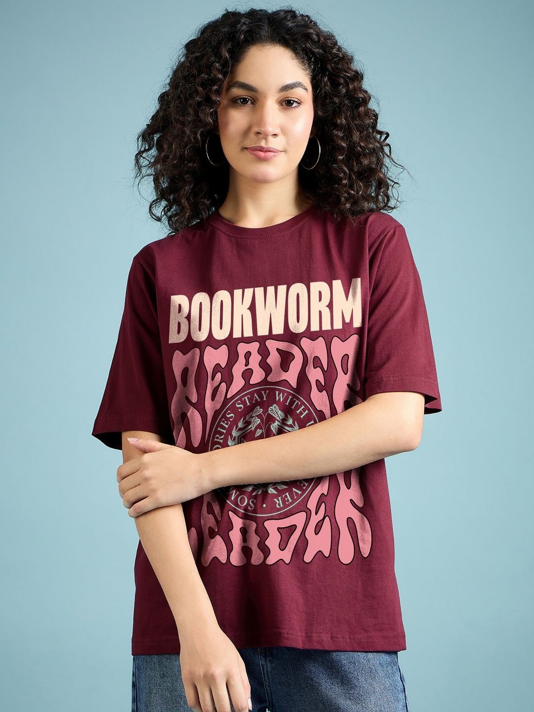 

DressBerry Women Graphic Printed Round Neck Cotton Oversized T-shirt, Maroon