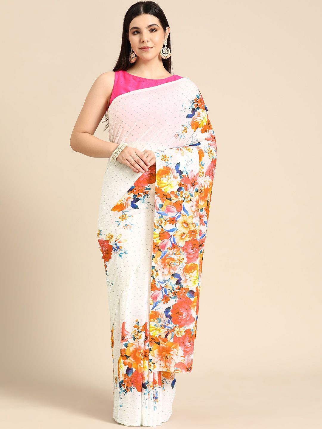 

BUTA BUTI Floral Pure Cotton Saree, White