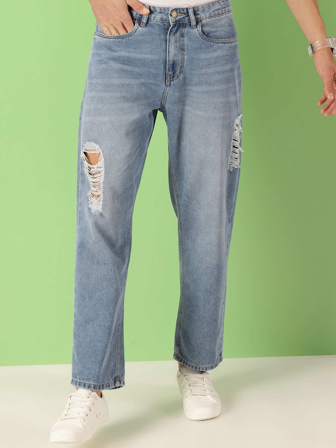 

THIRD QUADRANT Men Loose Relaxed Fit Highly Distressed Light Fade Jeans, Blue